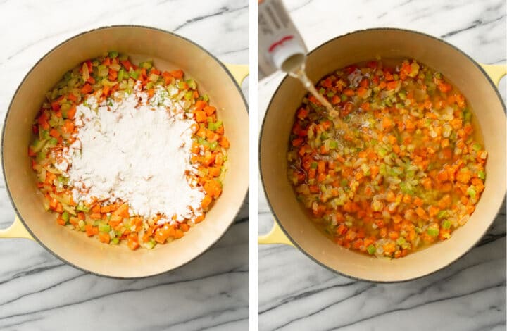 sauteing mirepoix and adding flour and chicken broth for chicken noodle soup in a dutch oven