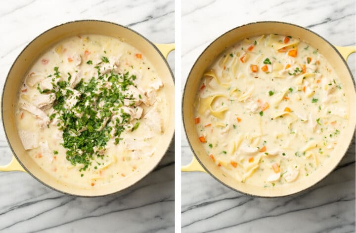 adding parsley to a soup pot with creamy chicken noodle soup