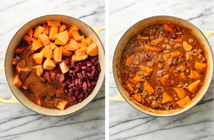 adding beans and sweet potatoes and seasoning to a soup pot with turkey chili