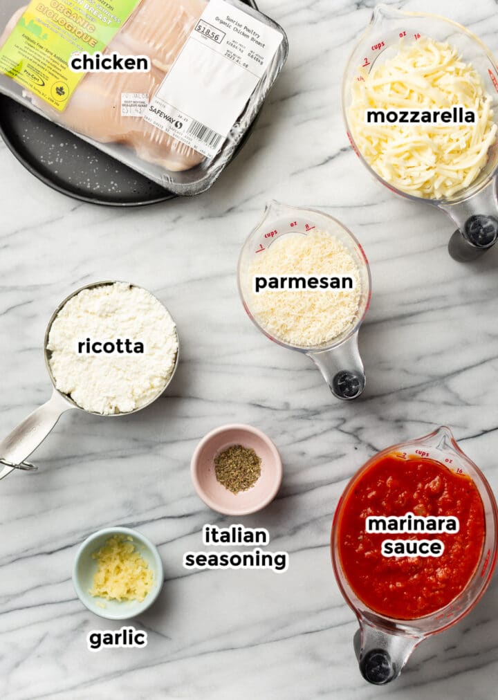 ingredients for baked ricotta chicken in measuring cups