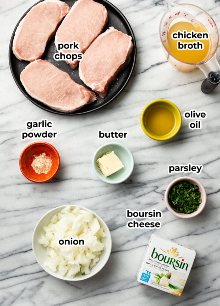 ingredients for boursin pork chops on a counter