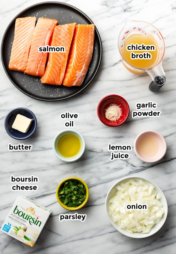 ingredients for boursin salmon in prep bowls