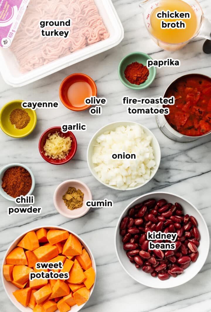 ingredients for turkey sweet potato chili in prep bowls