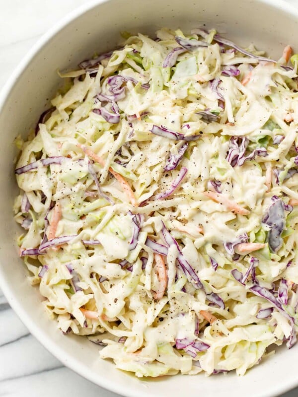 a large bowl of coleslaw