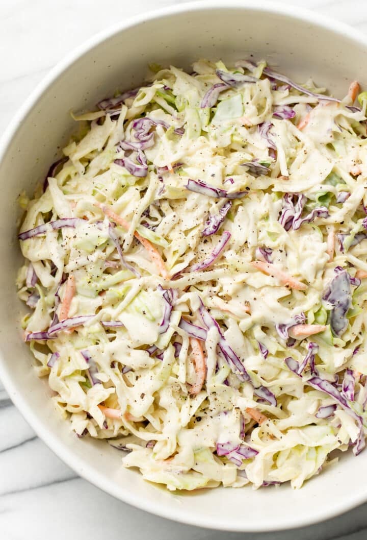 a large bowl of coleslaw