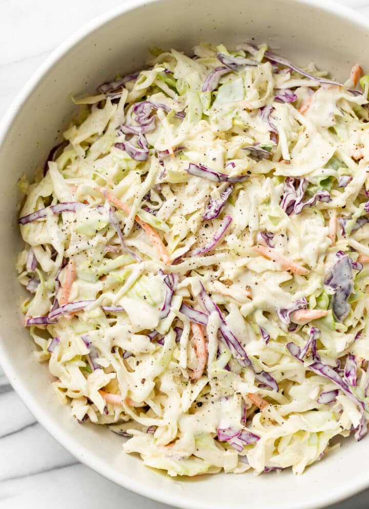 a large bowl of coleslaw