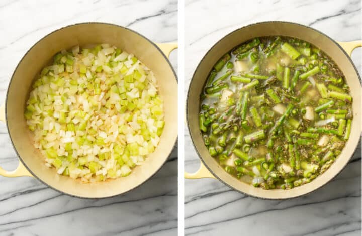 sauteing onion and celery and garlic in a soup pot for asparagus soup