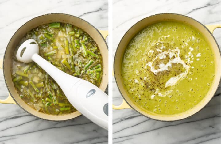 blending asparagus soup with an immersion blender and adding in cream
