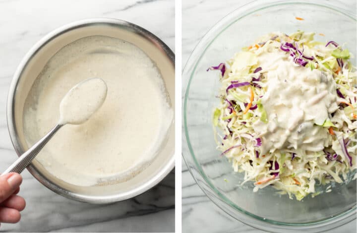 mixing up coleslaw dressing with a spoon in a bowl and adding to cabbage