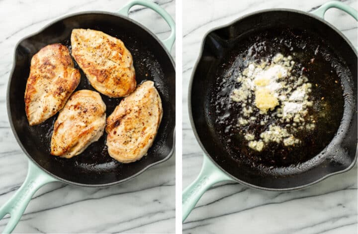 pan frying chicken in a skillet and then making a roux