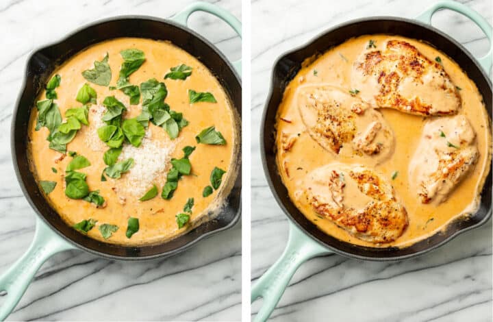 adding parmesan and basil to a cast iron skillet of marry me chicken