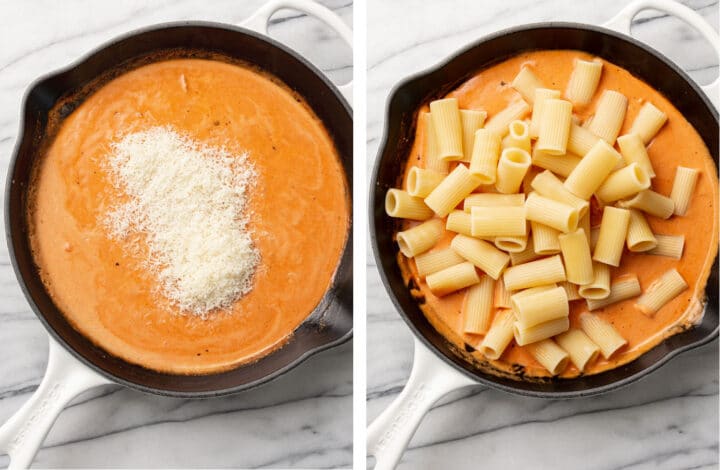 adding parmesan and rigatoni to a skillet with pink pasta sauce