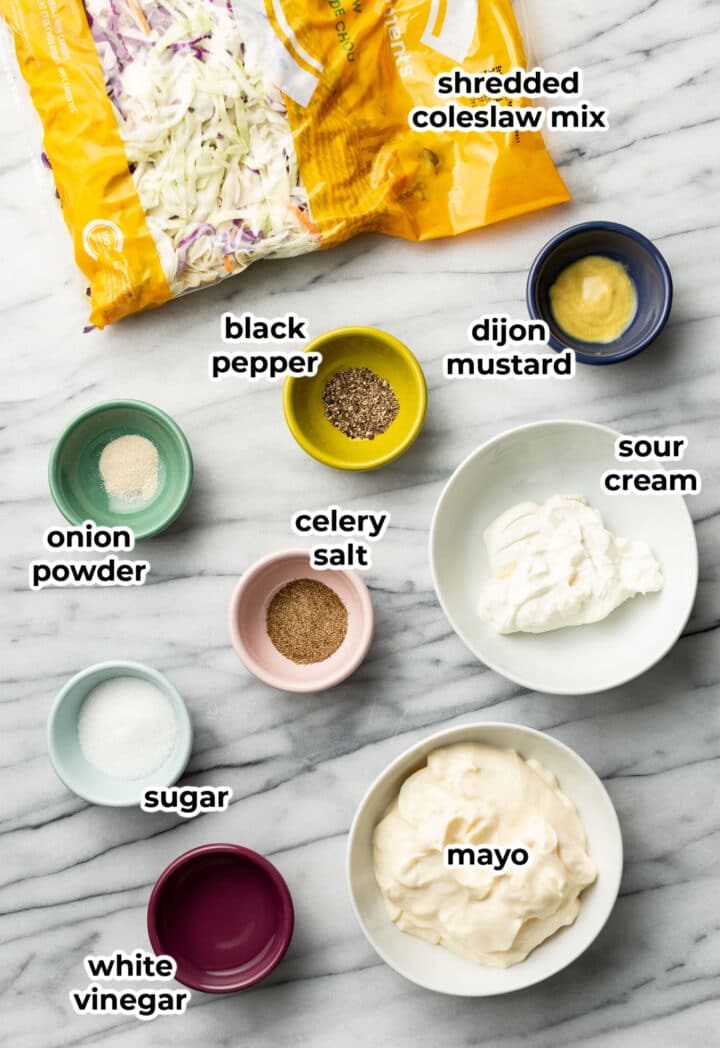 ingredients for homemade coleslaw in prep bowls