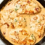 a cast iron skillet with marry me chicken