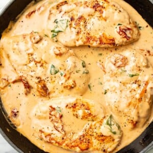 a cast iron skillet with marry me chicken