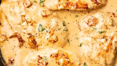 a cast iron skillet with marry me chicken