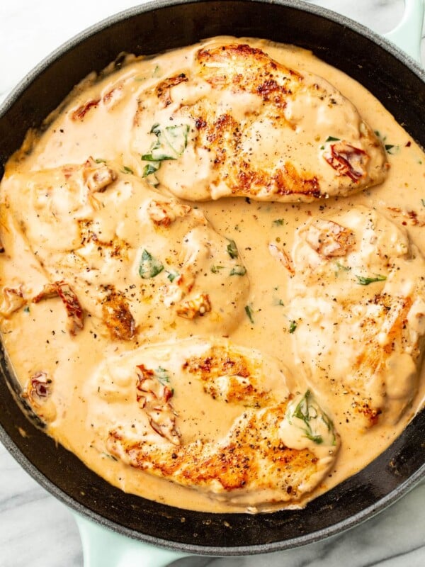 a cast iron skillet with marry me chicken