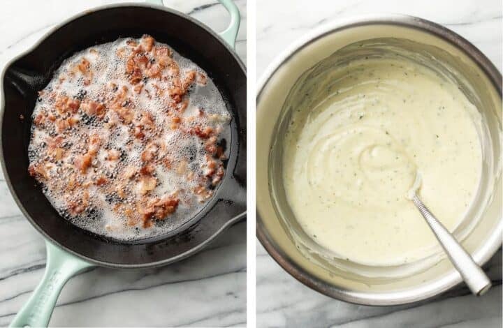 frying bacon in a skillet and making creamy pesto dressing in a prep bowl for pasta salad