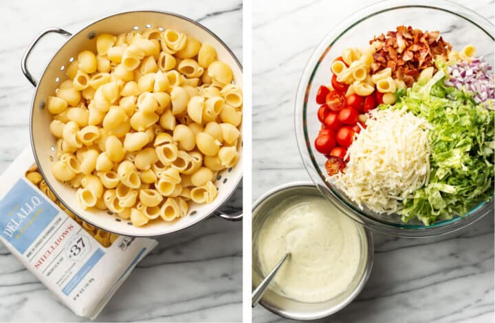 draining pasta and assembling BLT pasta salad in a large glass salad bowl