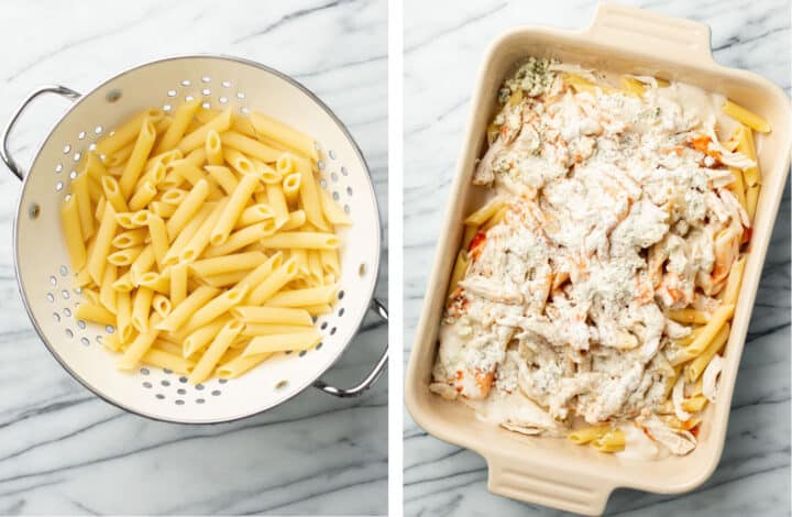 draining pasta into a colander and adding to baking dish for buffalo chicken casserole