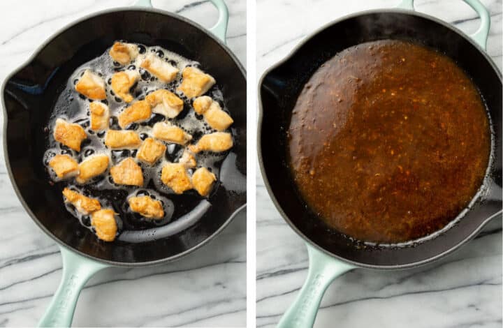 sauteing chicken in a skillet and adding sauce to it