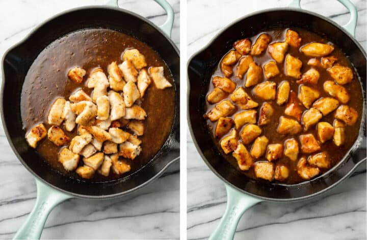 tossing chicken with sauce in a skillet