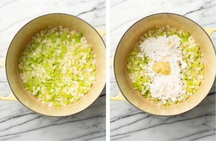 sauteing celery and onion in a dutch oven and adding flour and garlic