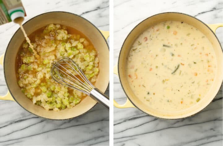 adding in vegetable broth, vegetables, potatoes, and cream to a pot of soup