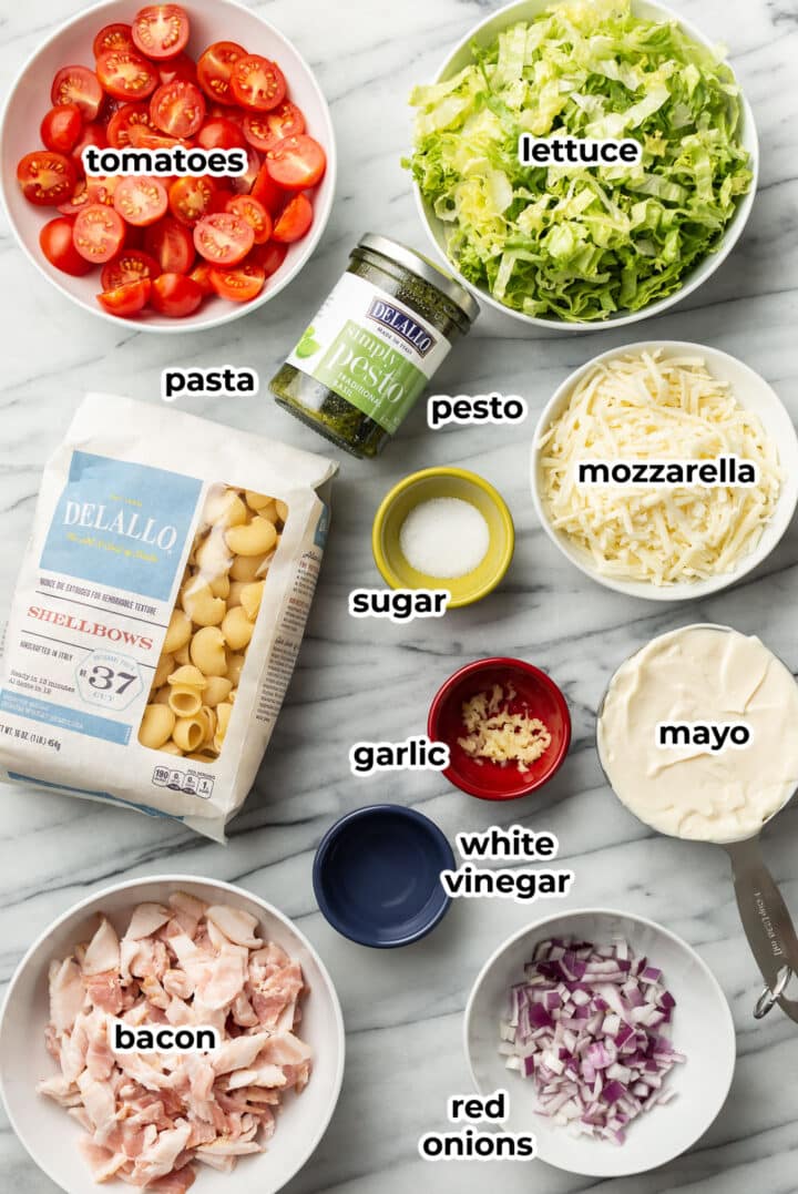 ingredients for BLT pasta salad in prep bowls