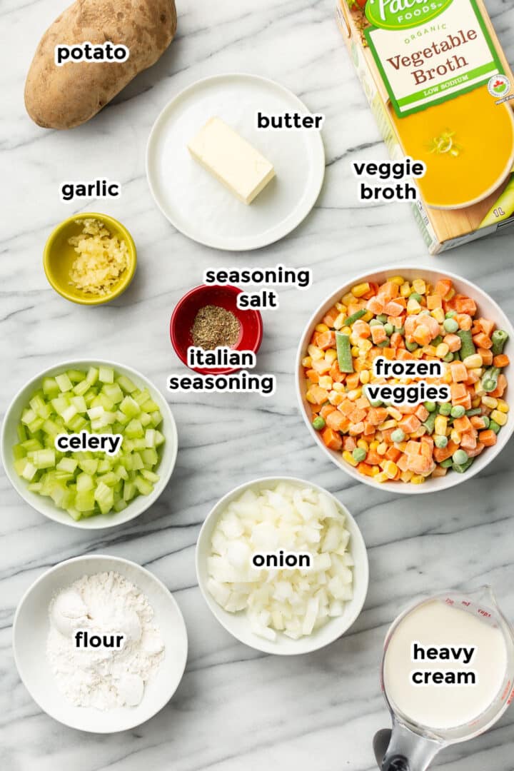 ingredients for potato vegetable soup in prep bowls