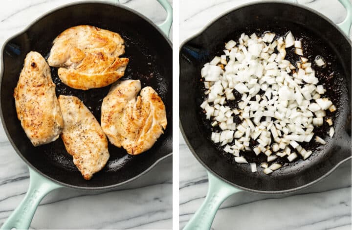 pan frying chicken and onions in a skillet