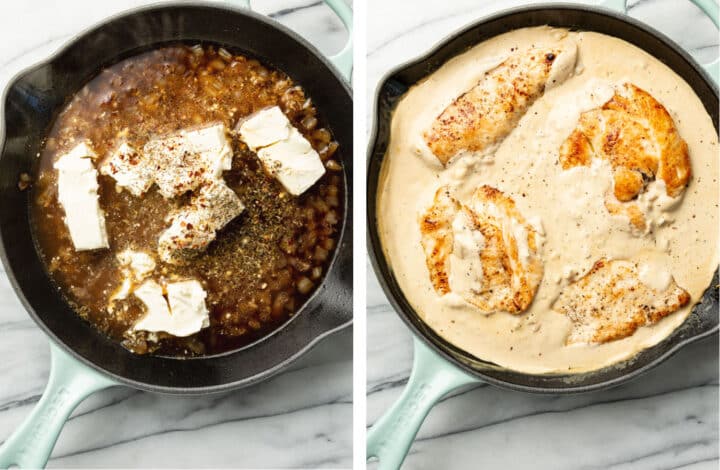 making cream cheese sauce for chicken in a skillet