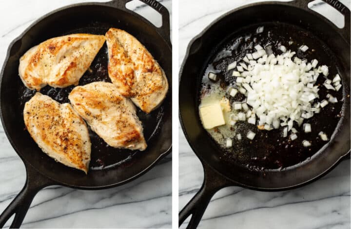 sauteing chicken and onions in a cast iron skillet