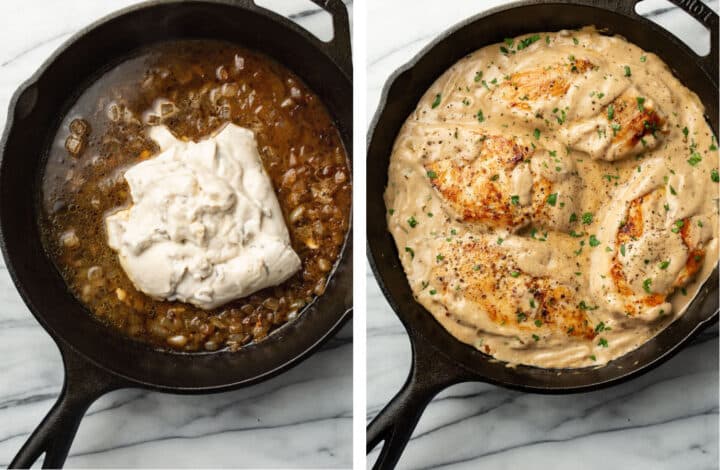 adding condensed soup to a skillet to make a sauce for chicken