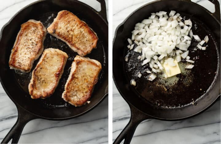 a cast iron skillet with pork chops and sauteing onions