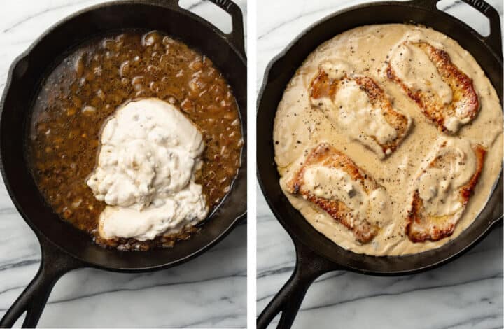 making sauce for cream of mushroom soup pork chops in a cast iron skillet