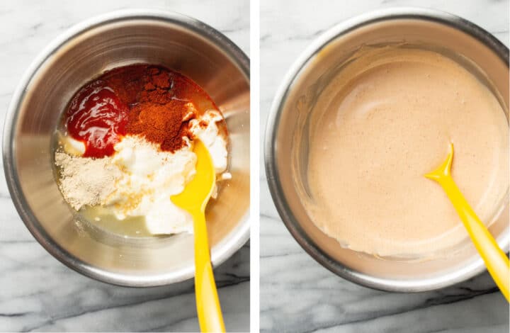 mixing fish taco sauce in a prep bowl