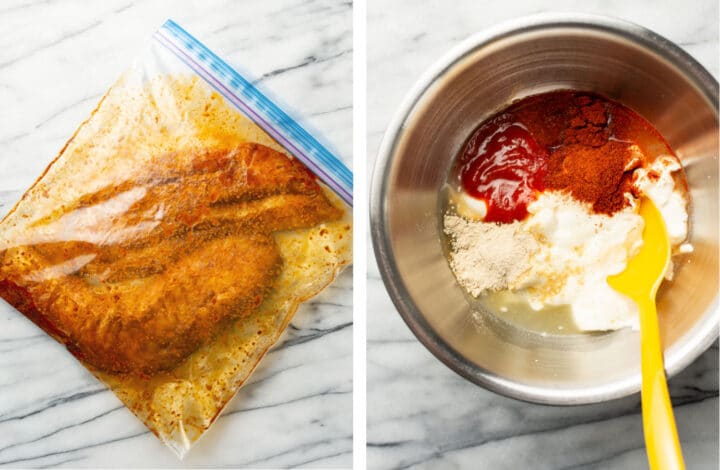 marinating cod in a ziploc and making fish taco sauce in a prep bowl