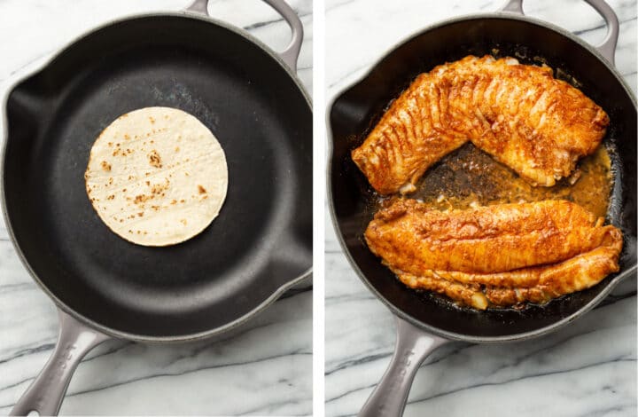 warming a tortilla in a skillet and cooking fish for tacos