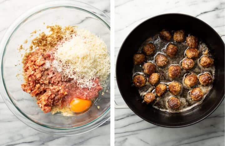 making meatballs in a glass bowl and pan searing them