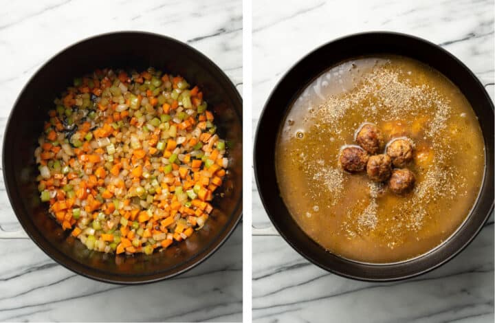 sauteing vegetables and making broth in a dutch oven for italian wedding soup