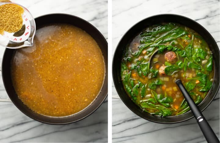 adding pasta and spinach to a pot of italian wedding soup