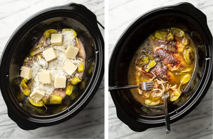 a slow cooker with Mississippi chicken before and after cooking