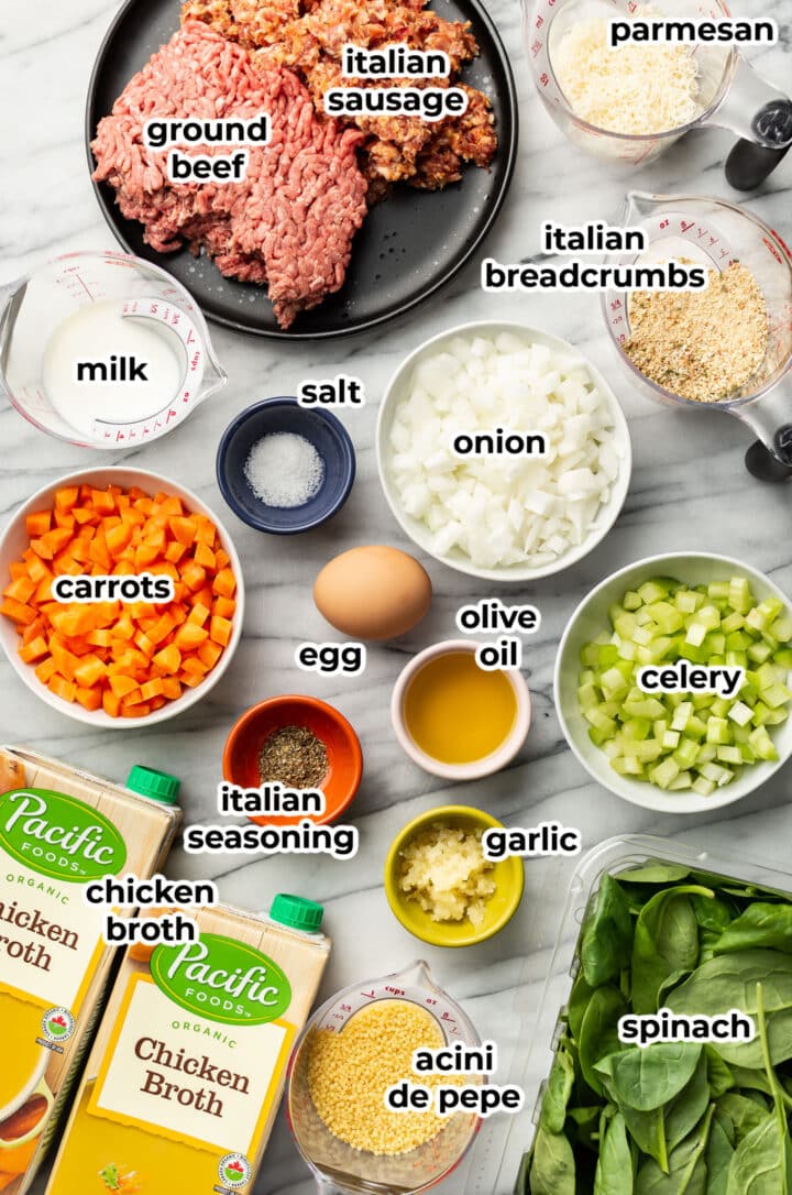 ingredients for italian wedding soup in prep bowls