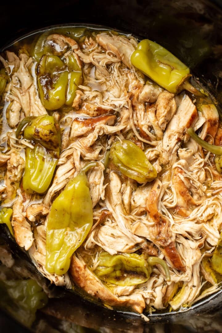 a slow cooker with Mississippi chicken