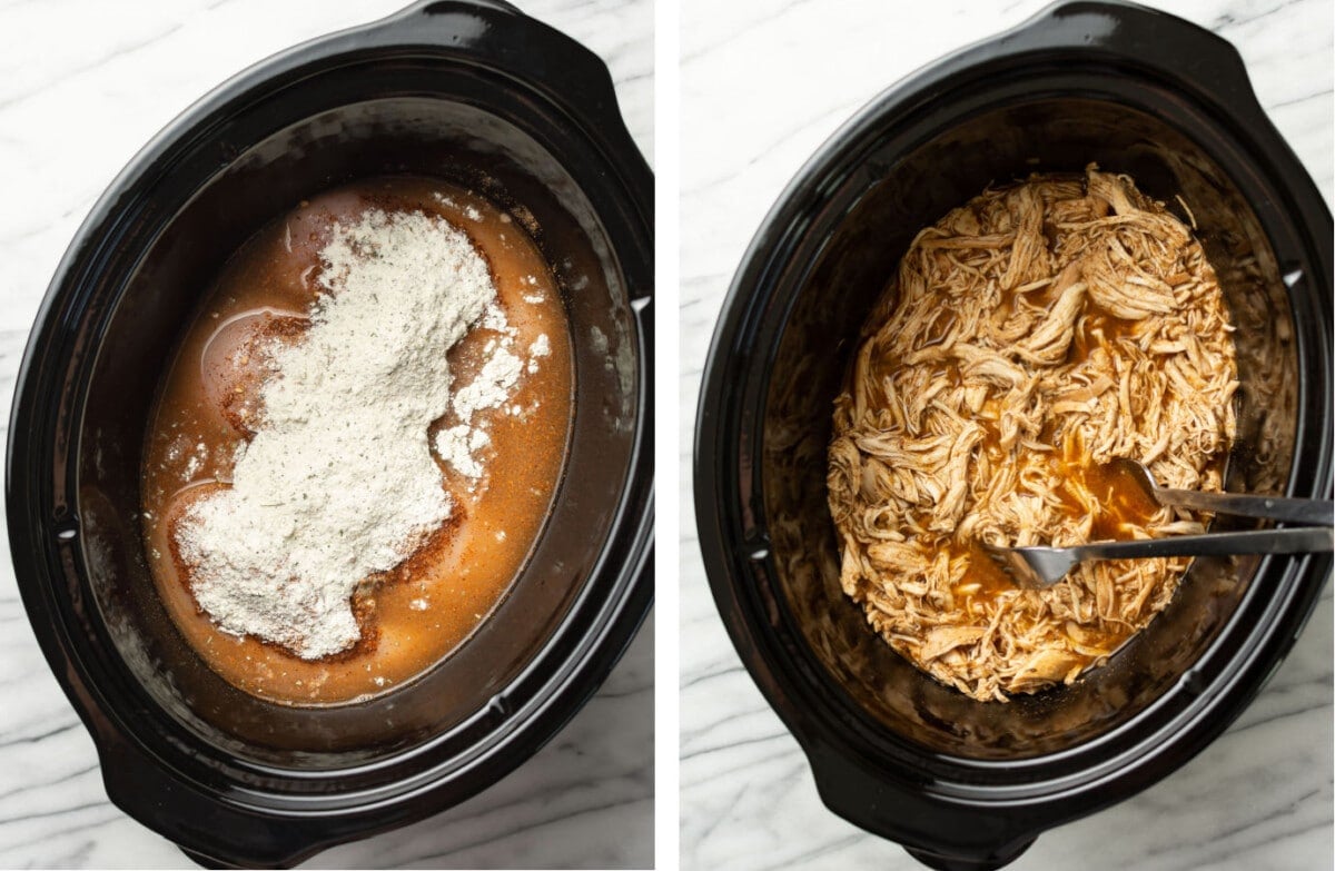 a crockpot with ranch chicken before and after cooking