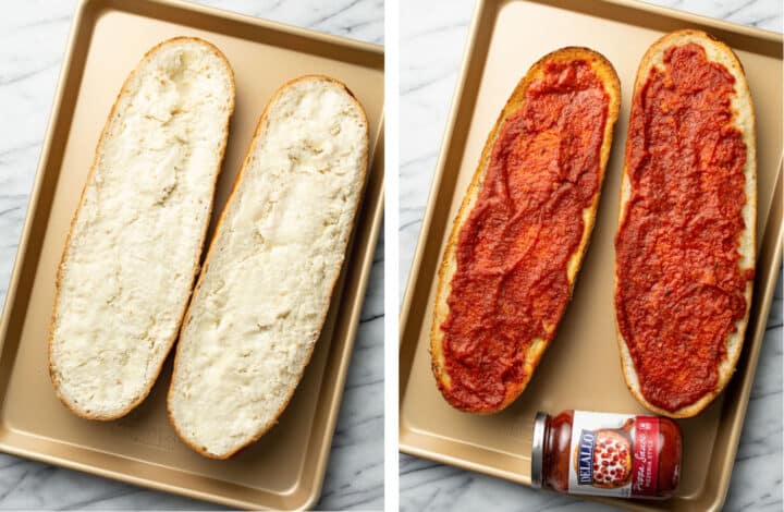 adding butter and pizza sauce to two halves of french bread on a baking sheet