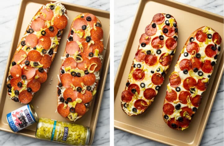 easy french bread pizza on a tray before and after baking