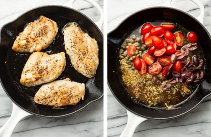 pan frying chicken and making sauce for mediterranean chicken