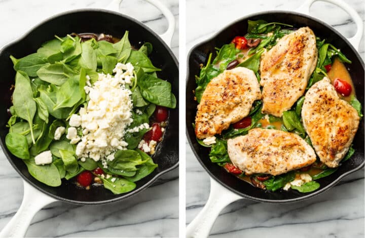 adding spinach and feta and chicken to a skillet to make mediterranean chicken